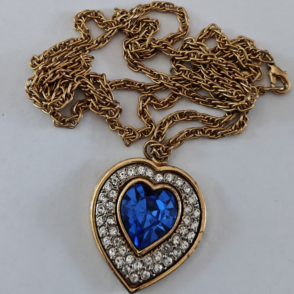Vintage D'Orlan Gold Heart Pendant Necklace with Blue Glass